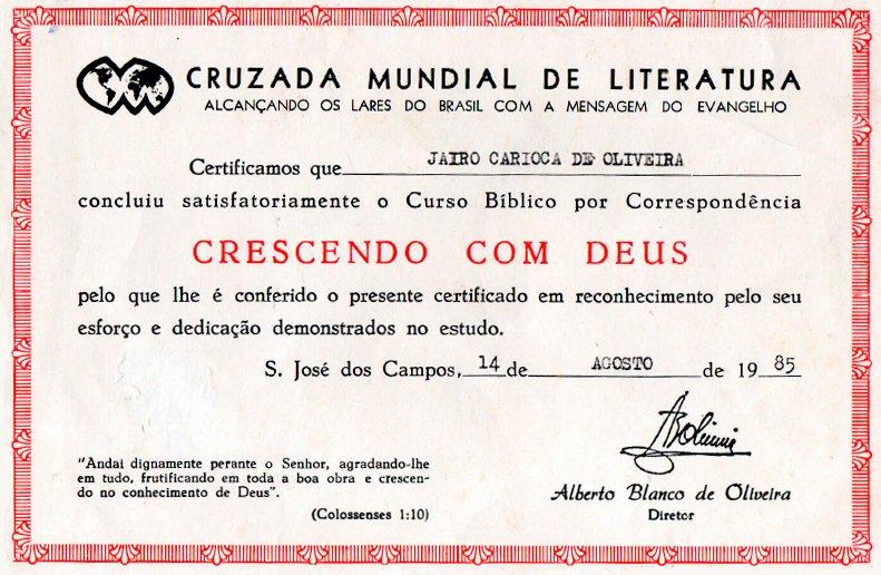 Certificado do primeiro curso de Teologia concluído por Jairo Carioca em 14 de agosto de 1985
